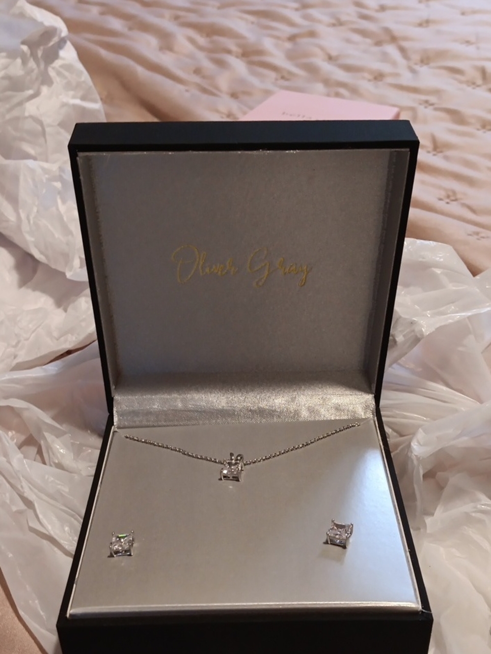 Oliver Gray Silvertone Clear Stone Necklace and Stud Earring Set